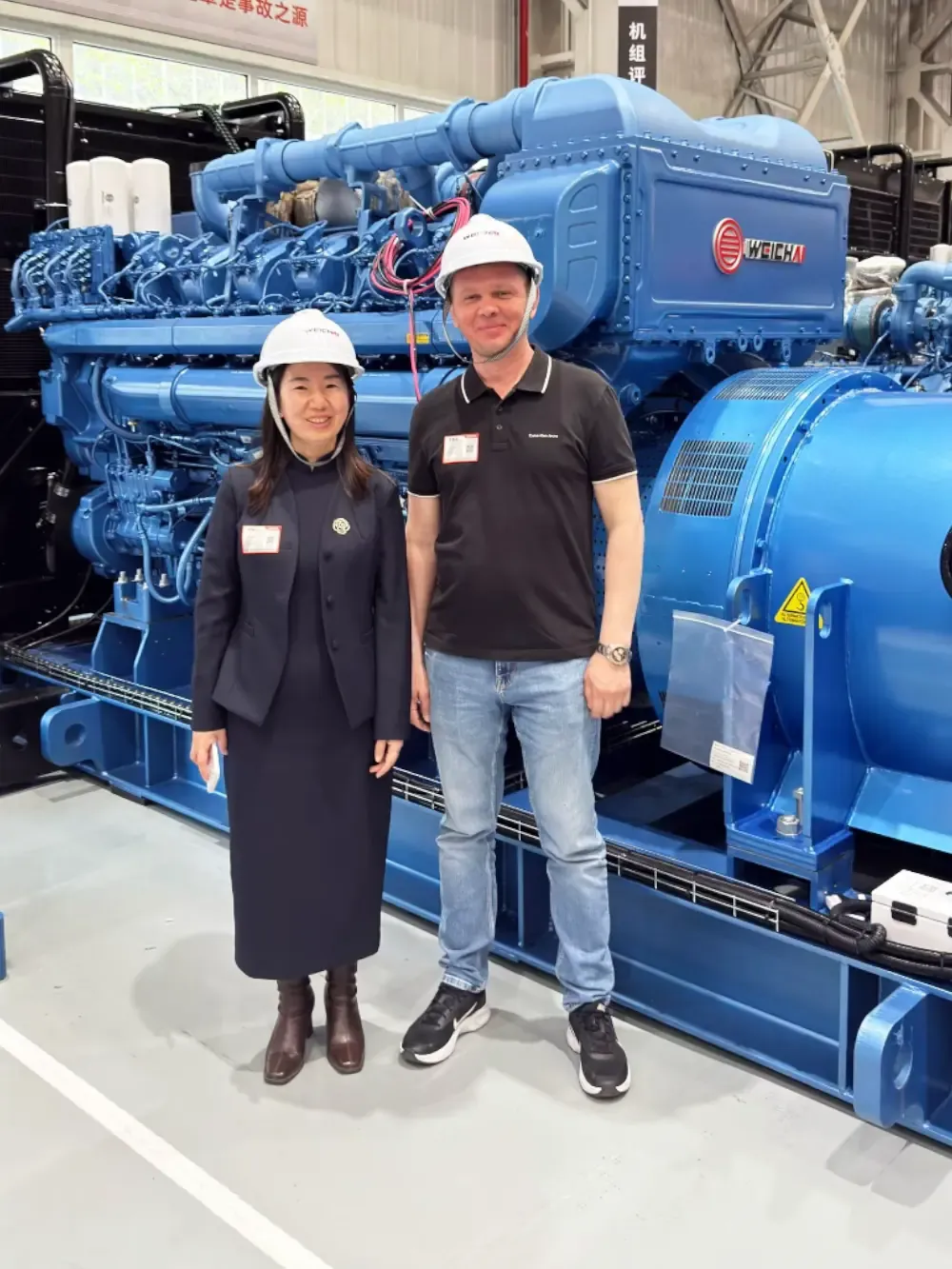 Overseas buyer reviewing generator specifications with an engineer
